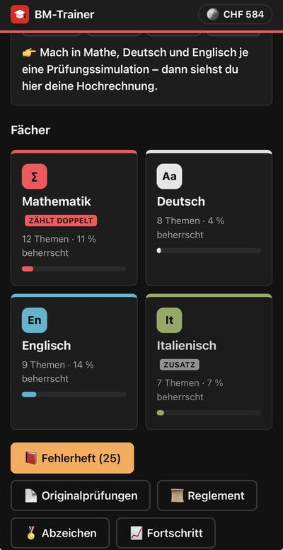 Screenshot BM-Trainer: Fächerübersicht mit Mathematik, Deutsch, Englisch und Italienisch, Fortschrittsbalken, Fehlerheft und Abzeichen