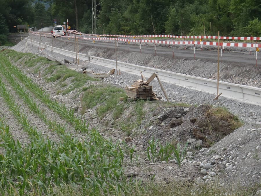 Fläscherstrasse im Bau: entlang der neuen Strassenböschung eine Kleintiermauer aus Betonelementen, links ein Maisfeld, im Hintergrund Absperrungen und Wald