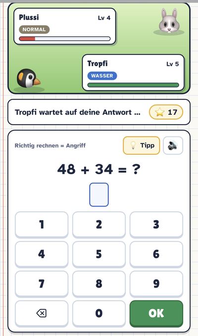 Screenshot Rechnen mit Pokémon: Kampf zwischen den Figuren Plussi und Tropfi, Aufgabe 48 plus 34, Zahlentastatur mit Tipp-Knopf