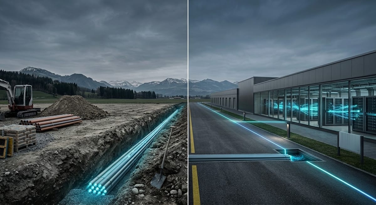 Zweigeteiltes Bild: links ein offener Leitungsgraben mit Rohrbündel, Bagger und Rohrlager vor Bergkulisse, rechts dieselbe Leitung unter einer Strasse bis zu einem Rechenzentrum mit Serverschränken.